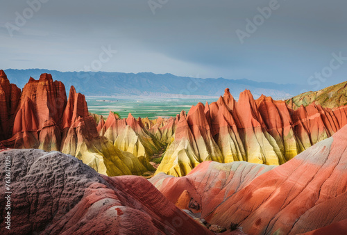 Colorful rainbow mountains in China's Danxia landform, with red and yellow stripes on the mountain surface