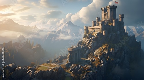 A medieval stronghold standing sentinel atop a rocky promontory, its towering walls and sturdy bastions offering a formidable defense against any would-be invaders, commanding respect and admiration.