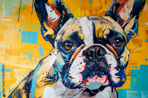 Adorable French bulldog puppy in pop art style painting, minimal. Digital illustration generative AI