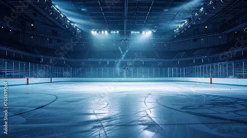 Empty Ice hockey arena, stadium, sports ground with flashlights