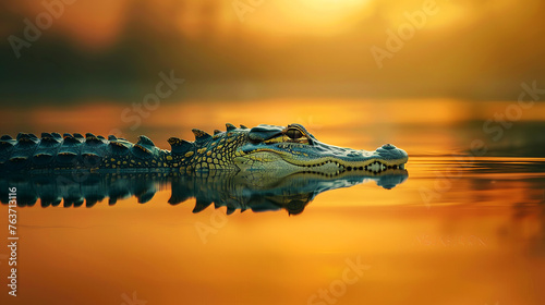 Caiman lurking in water at sunset, with golden sunlight reflecting in the ripples