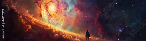 A lone figure stands before a portal showcasing a vibrant cosmic galaxy