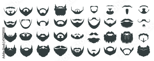 Beards and mustaches mega set in flat graphic design. Bundle elements of male facial hairstyles black silhouettes for barbershop models and hipster portraits. Vector illustration isolated objects