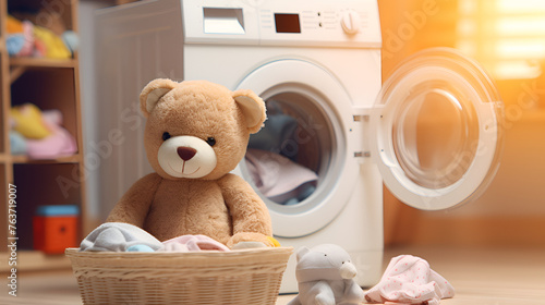 laundry art creativity of white toy teddy with cleaning product background
