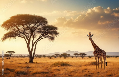 African savannah landscape with giraffe. Nature animal wildlife. Poster