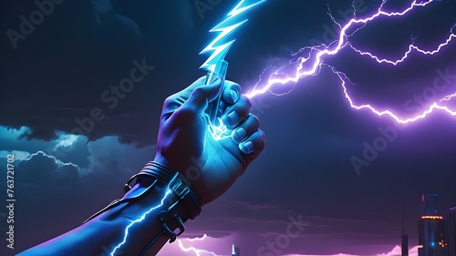 Hand holding up a lightning bolt. Energy and power. Stormy background. Blue glow. Zeus, thor.