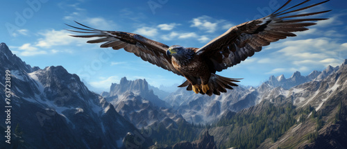 The wild eagle hawk flaps its wings soaring high above the mountains and the cloudy blue sky