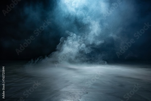 Ominous atmosphere with a smoky dark room and an empty concrete floor, conjuring a mood of mystery and suspense.