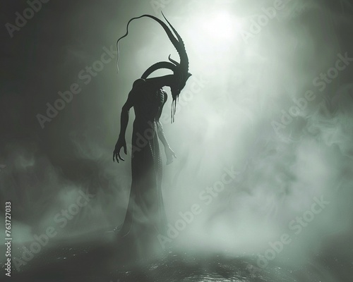High-definition photorealistic render of A figure with a twisted horned head.
