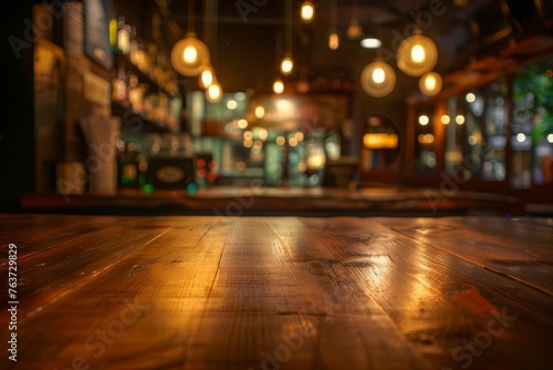 Defocused ambiance with glowing orbs against a polished wood surface, perfect for a comfortable and intimate setting.