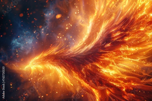 Artistic depiction of flaming phoenix wings spreading wide, symbolizing rebirth and fantasy in a blaze of glory.