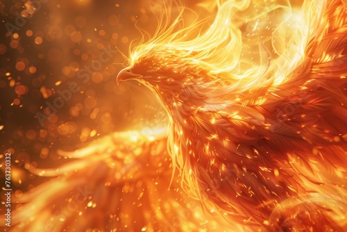 Illustration of a majestic phoenix in mid-flight, with feathers ablaze, embodying power and mythical grace.