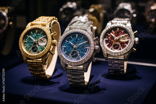 Luxury watches on display at show window