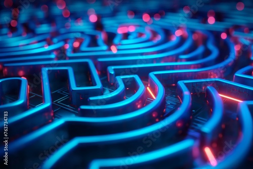 Futuristic glowing maze circuit board, complexity and problem solving in technology, Concept of digital challenges and cyber security