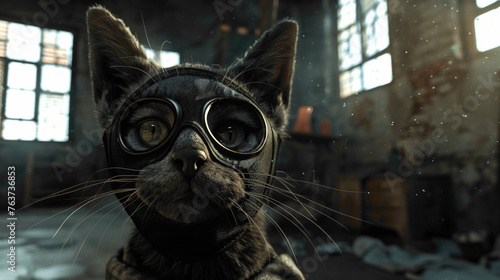 Underground dangerous Mafia cat. A closeup view of dangerous cat who wearing mask and glasses.