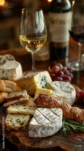 Accompanied by a bottle of fine red wine, a sophisticated selection of gourmet cheeses is arranged on a wooden board, ready for tasting.