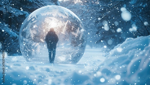 A person trapped inside a snow globe, surrounded by swirling snowflakes and distorted perspectives, capturing the surreal feeling of anxiety. ❄️🔮 Conveys engulfed by emotions. #SurrealAnxiety