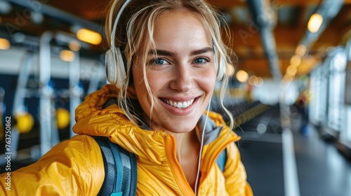 Joyful woman with headphones in gym taking selfie.