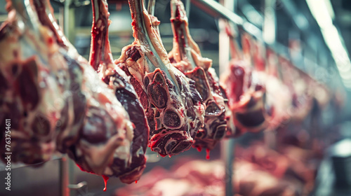 Hanging Meat in Meat Processing Plant