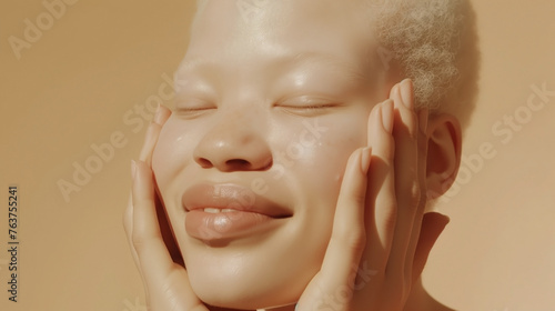 Portrait of African albino girl with hands on face against a beige backdrop. Cosmetic advertisement