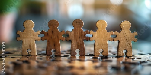 Wooden Figurines Representing Diverse Workforce Joining Together in Collaborative Problem-Solving for Successful Recruitment and Talent Management