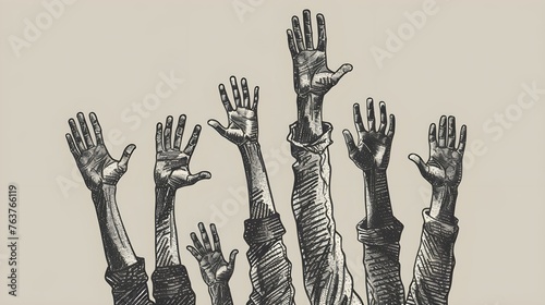 Illustration of people's hands raised up, hand-drawn illustration 