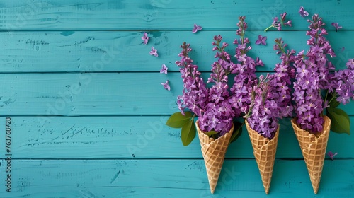 Flowers composition. Fresh lilac flowers in waffle cones on turquoise wooden background. Top view.