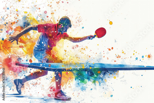 Colorful watercolor painting of table tennis players in action on match