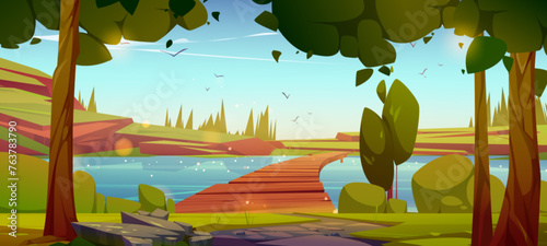 Wooden bridge over river or lake with green grass and trees on banks, hills with ground and rock cliffs on sunny summer day. Cartoon vector natural landscape with footbridge over pond or stream.