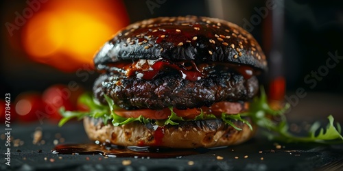 An unpalatable burnt burger with charred ingredients and unhealthy meat. Concept Unappetizing Food, Burnt Burger, Charred Ingredients, Unhealthy Meat