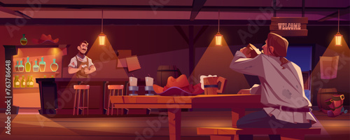 Old western saloon interior and man on wood table. Country tavern game illustration and welcome barman on wild west. Vintage lamp light and peasant character with beer on desk in pub illustration.
