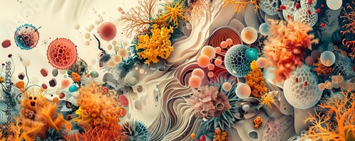 Create a captivating side view graphic showcasing the intricate world of scientific illustration Incorporate detailed anatomical drawings, microorganisms, and botanical elements Inspire wonder and cur