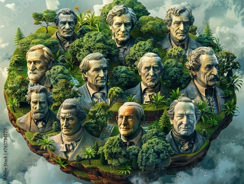 Illustrate an intricate aerial landscape depicting the intertwined legacies of historical figures from different epochs Seamlessly connect their stories through clever positioning and creative symboli