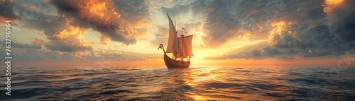 Immerse viewers into the mystical world of Norse legends with a dynamic rear view image showcasing a Viking ship sailing towards the horizon Capture the essence of adventure and ancient myths in a bol