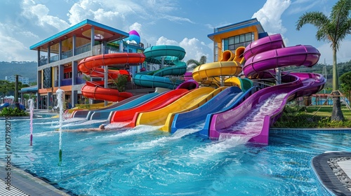 A vibrant water park oasis with sinuous slides in bold colors, a refreshing slide into a thrilling aquatic world under clear skies