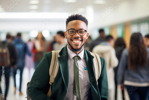 Smiling Young College Student with Backpack Standing in a Busy Campus Hallway, Representing Education Goals and Student Diversity