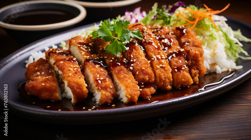 A plate of crispy chicken katsu served with tonkatsu s