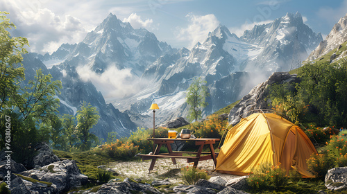 Concept of sustainability in the adventure tourism industry, A bright orange tent in a rocky alpine environment under a clear blue sky with white clouds 