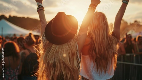 Two young women with long blonde hair One wore a black hat and the other wore a white shirt. Dancing at a music festival with arms raised in the air as the sun sets.ai generated.