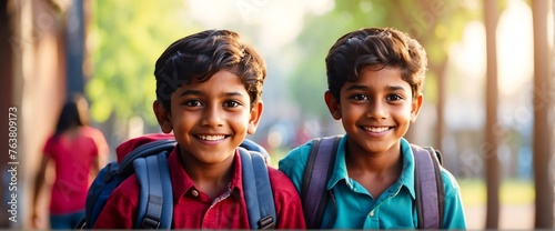 Happy smiling indian little kid boy carrying a backpack going back to school looking at the camera, copy space banner template backdrop from Generative AI