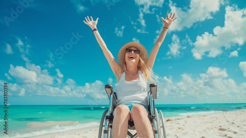 Happy disabled young woman in a wheelchair on the beach , beach accessibility and handicapped people holidays concept image