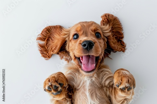 Cocker spaniel puppy is lying down and holding its paws up to the camera with its tongue hanging out of its mouth, isolated on white background