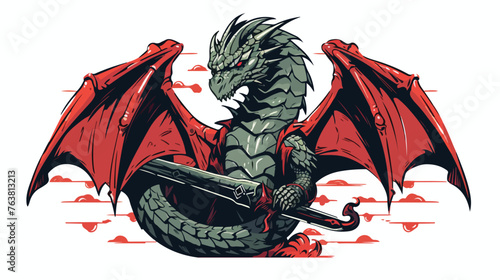 Vector slain dragon with a sword in his heart. flat