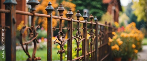 A rusty wrought iron fence on the side of the garden from Generative AI