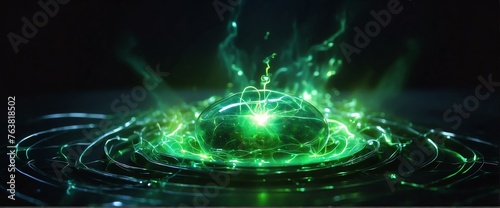 Green pure energy with electrical electricity plasma power fusion on plain black background from Generative AI