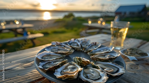 Fresh oysters on a plate beside a glass of wine at sunset. outdoor dining experience by the sea. savoring seafood delicacies in nature. AI