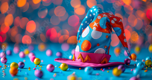 A colorful April Fools Day decoration background with a jester hat, perfect for festive celebrations and playful pranks.