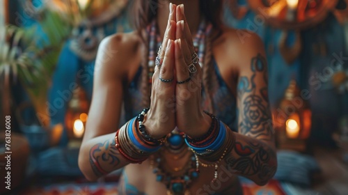 Female hands in a gesture of reverence and appreciation, portraying the practice of Mudra in the realm of Yoga.