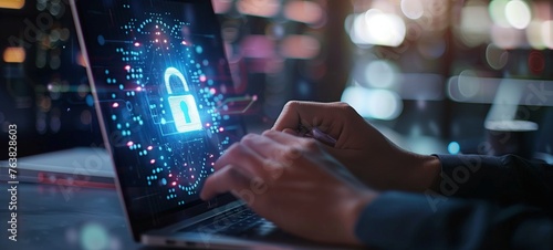 Cybersecurity concept. A person's hands typing on a laptop with a glowing padlock hologram emanating from the screen, symbolizing data protection and digital security.