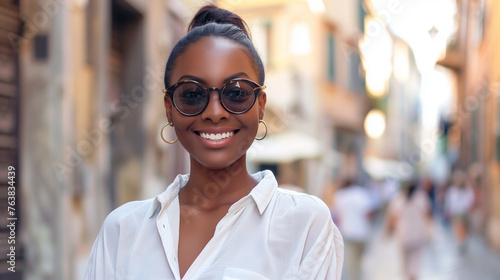 An outdoor portrait of a stylish young black woman entrepreneur on a summer afternoon in italy. Dressed in smart casual clothing.